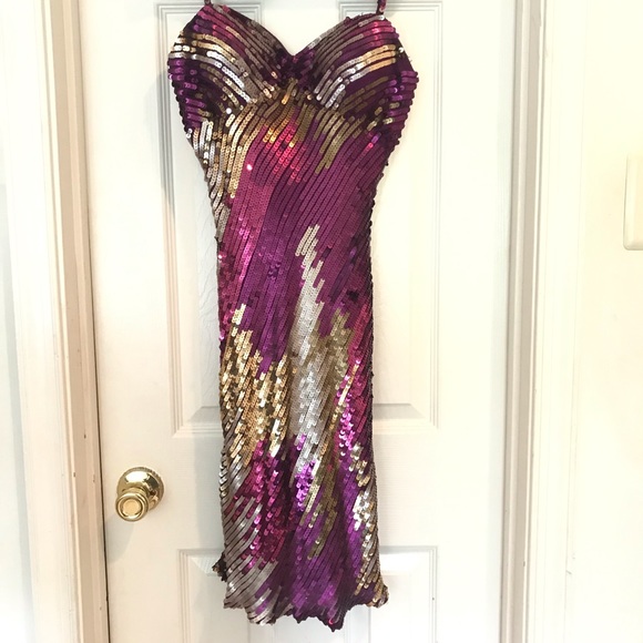 purple and gold sequin dress